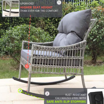 VEIKOUS Dark Grey Wicker Outdoor Rocking Chair Set with Grey Cushions - $185