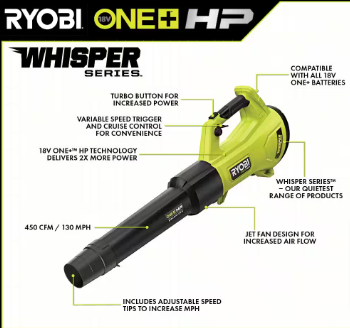 RYOBI ONE 18V Brushless 130 MPH 450 CFM Cordless Battery Leaf Blower (Tool Only) - $110