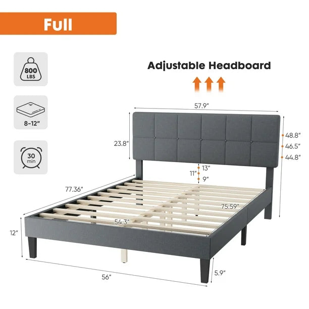 Full Size Bed Frame - Linen Upholstered Platform Bed with Headboard, Grey - $60