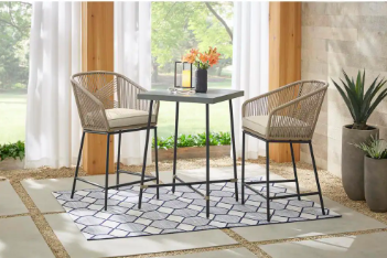 Haymont 3-Piece Steel Wicker Outdoor Bistro Set with Beige Cushions - $300