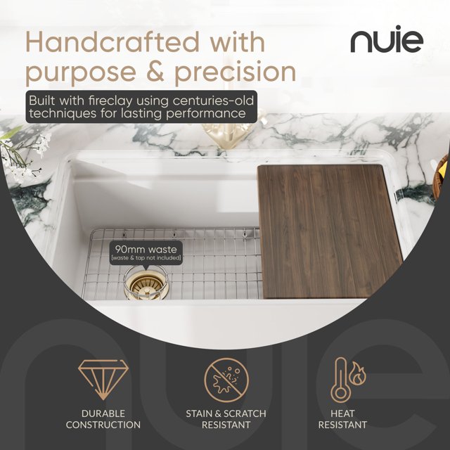 Nuie 36" Fireclay Ceramic Single Bowl Kitchen Sink, 36x19x10" - $225