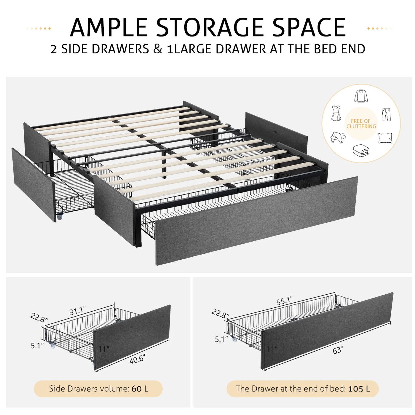 Upholstered Bed Frame with 3 Storage Drawers Queen - $185