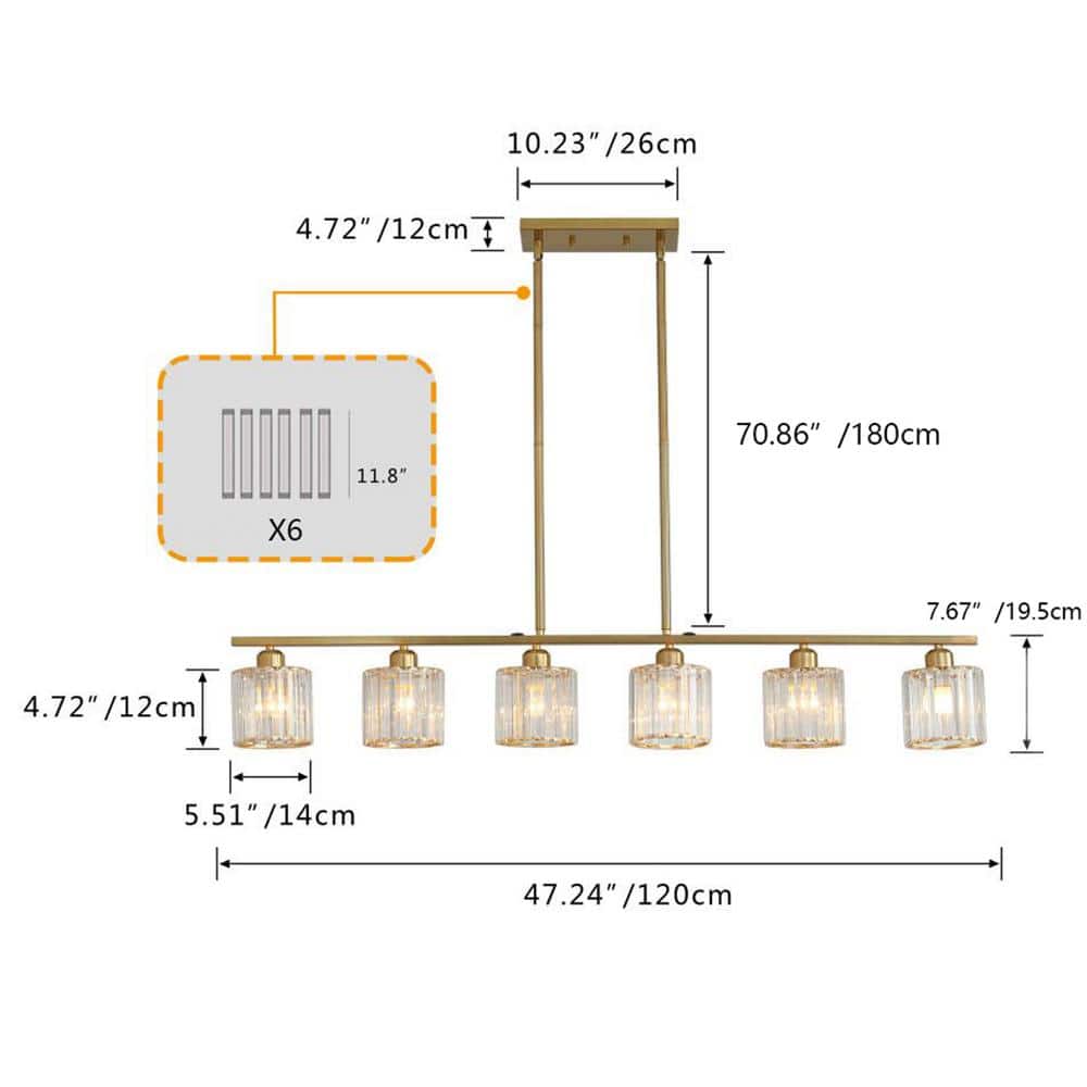 aiwen Mordern 6-Light Gold Kitchen Island Linear Rectangle Chandelier - $95