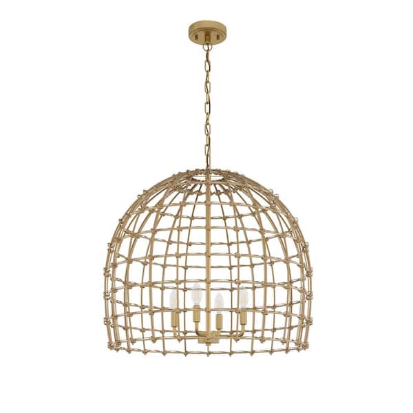4-Light Gold Farmhouse Rattan Chandelier Handmade Woven Wicker Rustic Chandeliers - $120