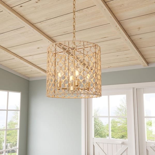 aiwen 21.25 in. 4-Light Gold Woven Chandelier Wicker Basket Pendant Light - $90