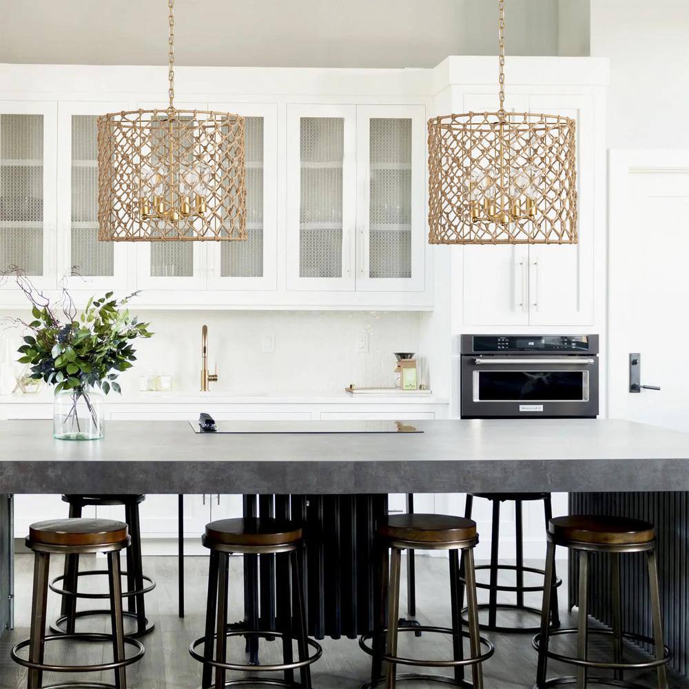 aiwen 21.25 in. 4-Light Gold Woven Chandelier Wicker Basket Pendant Light - $90
