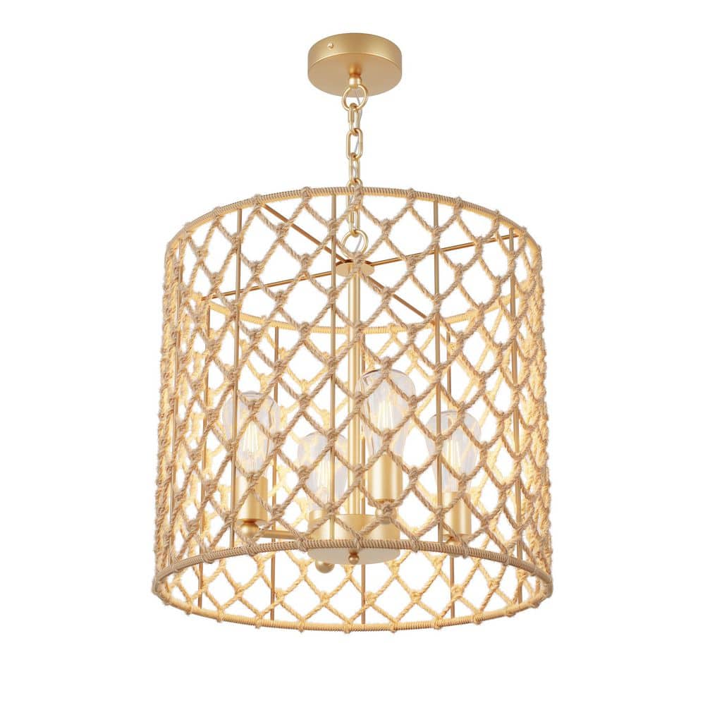 aiwen 21.25 in. 4-Light Gold Woven Chandelier Wicker Basket Pendant Light - $90