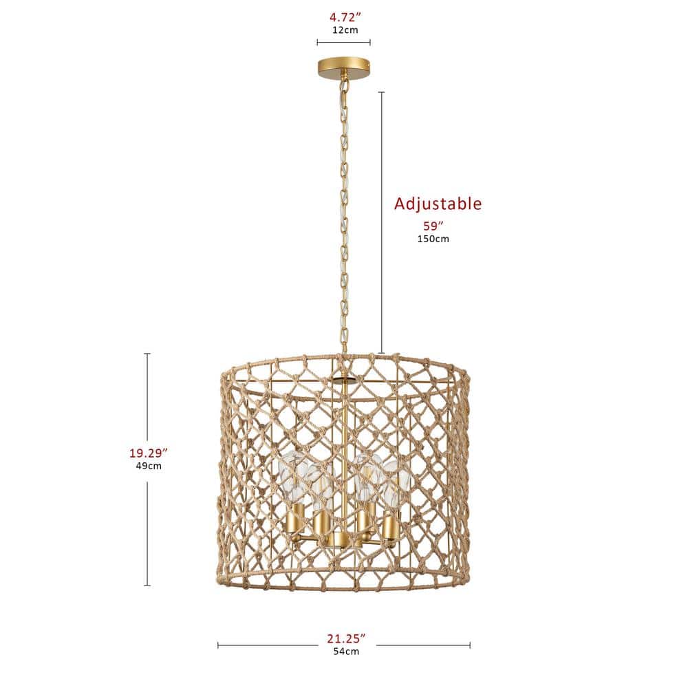 aiwen 21.25 in. 4-Light Gold Woven Chandelier Wicker Basket Pendant Light - $90