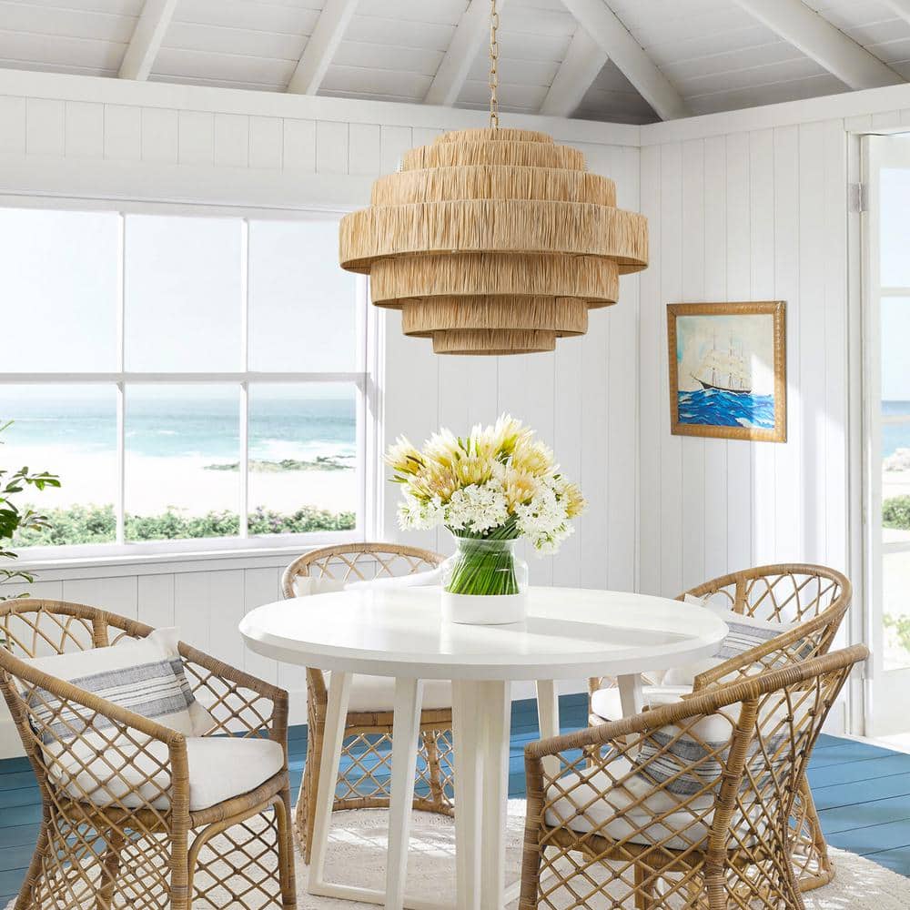 aiwen Boho 30.7 in. 5-Light 7-Tier Gold Hand-Woven Rattan Wicker Chandelier - $250