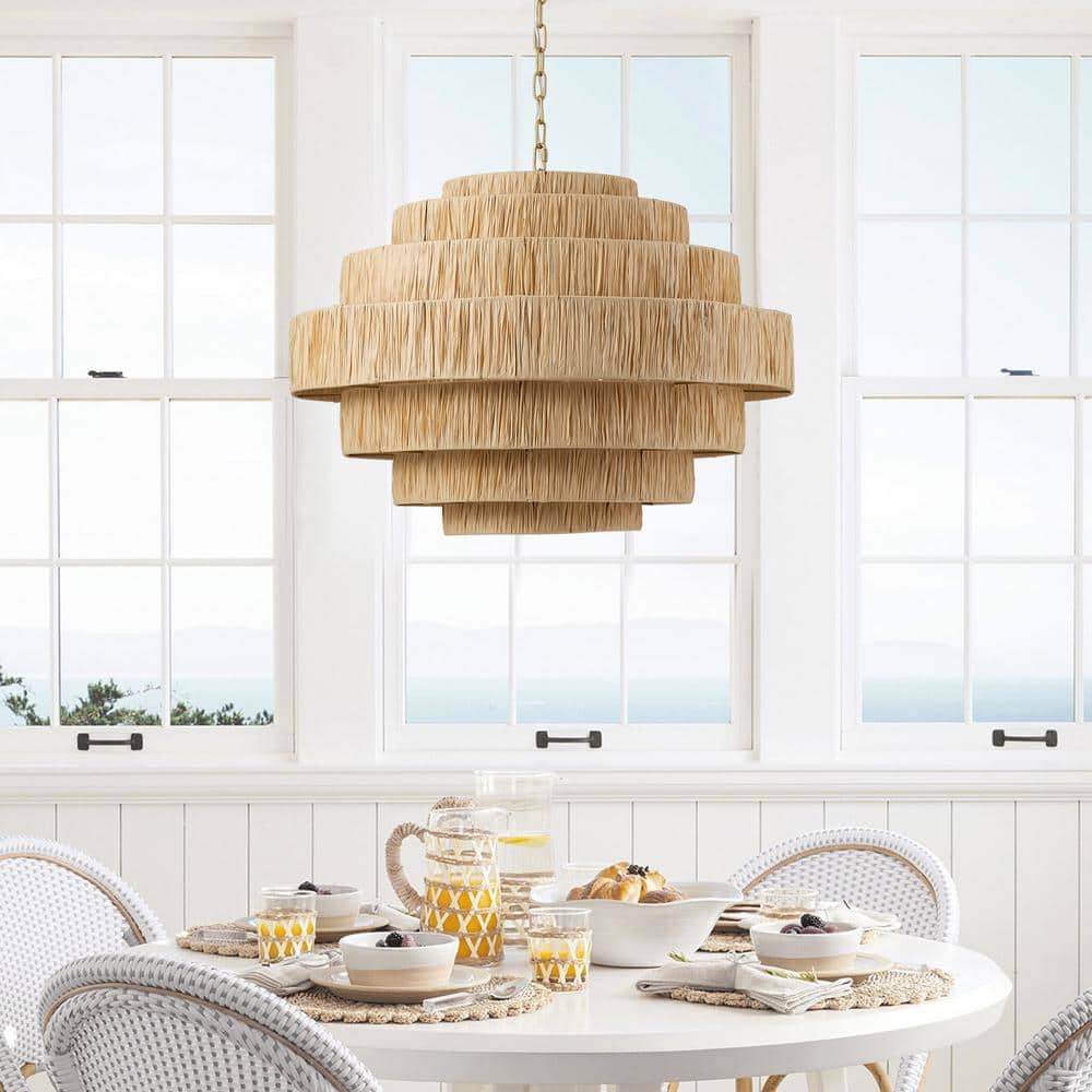 aiwen Boho 30.7 in. 5-Light 7-Tier Gold Hand-Woven Rattan Wicker Chandelier - $250