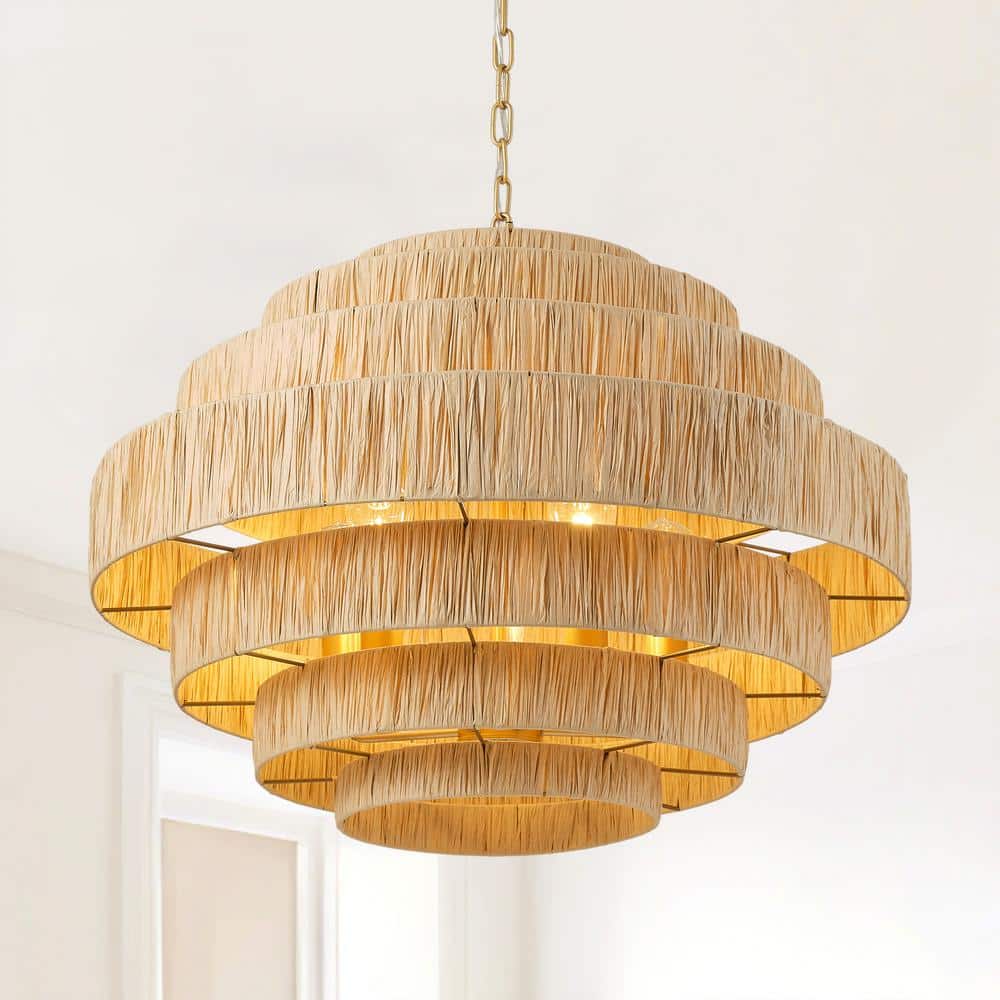 aiwen Boho 30.7 in. 5-Light 7-Tier Gold Hand-Woven Rattan Wicker Chandelier - $250