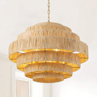 aiwen Boho 30.7 in. 5-Light 7-Tier Gold Hand-Woven Rattan Wicker Chandelier - $250