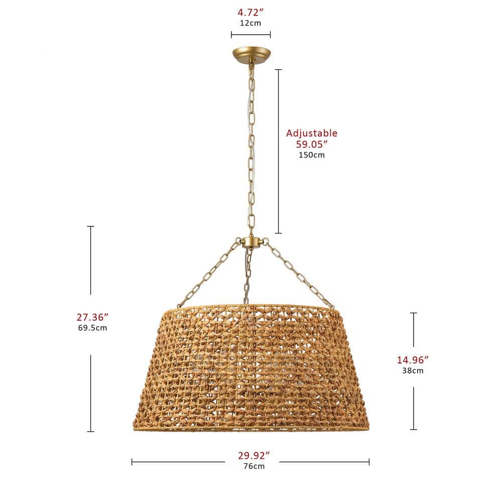 aiwen 29.92 in. 6-Light Gold Woven Oversized Chandelier Boho Hand Rattan Rustic - $220