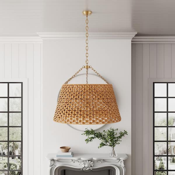 29.92 in. 6-Light Gold Woven Oversized Chandelier Boho Hand Rattan Rustic Farmhouse - $250