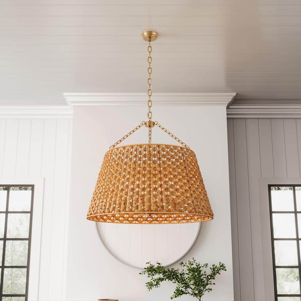 aiwen 29.92 in. 6-Light Gold Woven Oversized Chandelier Boho Hand Rattan Rustic - $220