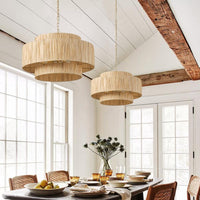 Boho 25.59 in. 4-Light 2-Tier Oversized Gold Hand-Woven Rattan Wicker Chandelier - $135
