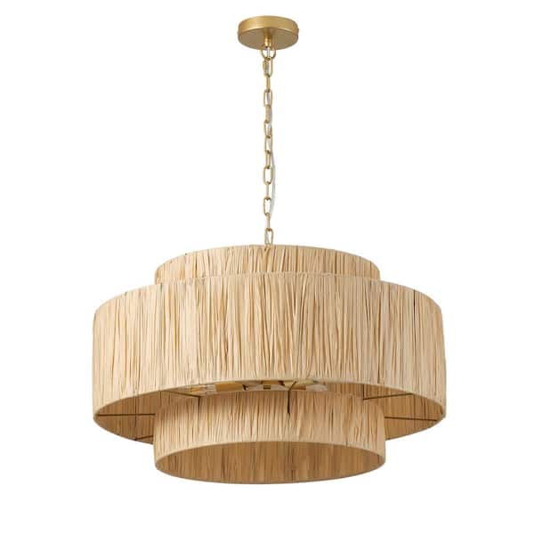 Boho 25.59 in. 4-Light 2-Tier Oversized Gold Hand-Woven Rattan Wicker Chandelier - $135