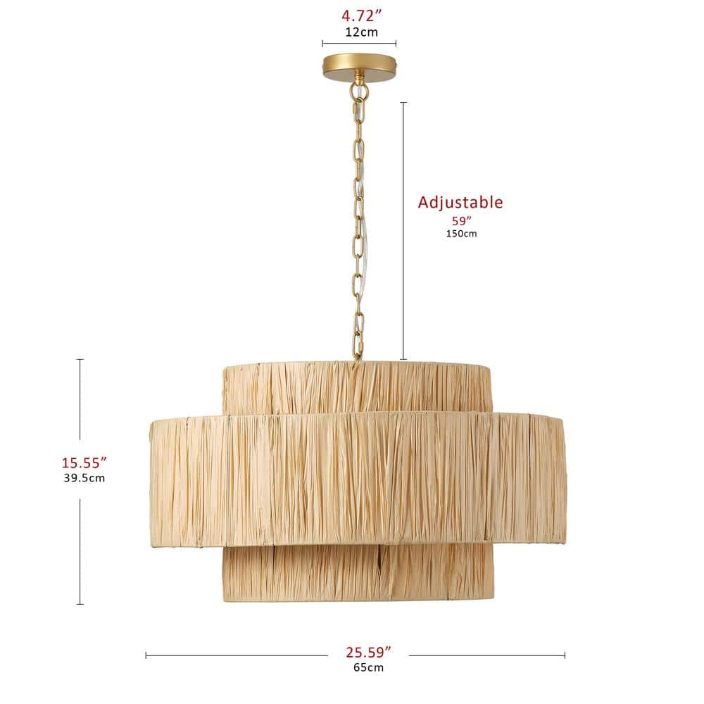 Boho 25.59 in. 4-Light 2-Tier Oversized Gold Hand-Woven Rattan Wicker Chandelier - $135