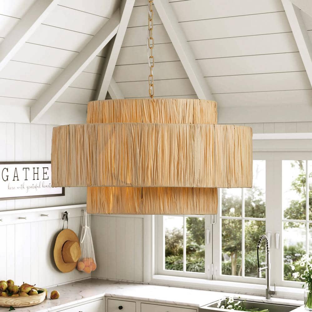 Boho 25.59 in. 4-Light 2-Tier Oversized Gold Hand-Woven Rattan Wicker Chandelier - $135