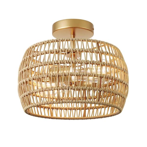 Boho Farmhouse 12.59 in. 2-Light Rattan Hand-Woven Semi-Flush Mount Ceiling Light - $25