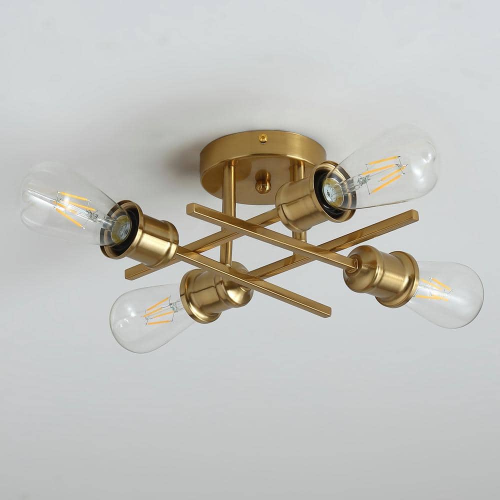 Modern 11 in. 4-Light Gold Sputnik Semi-Flush Mount Ceiling Lighting Fixture - $30