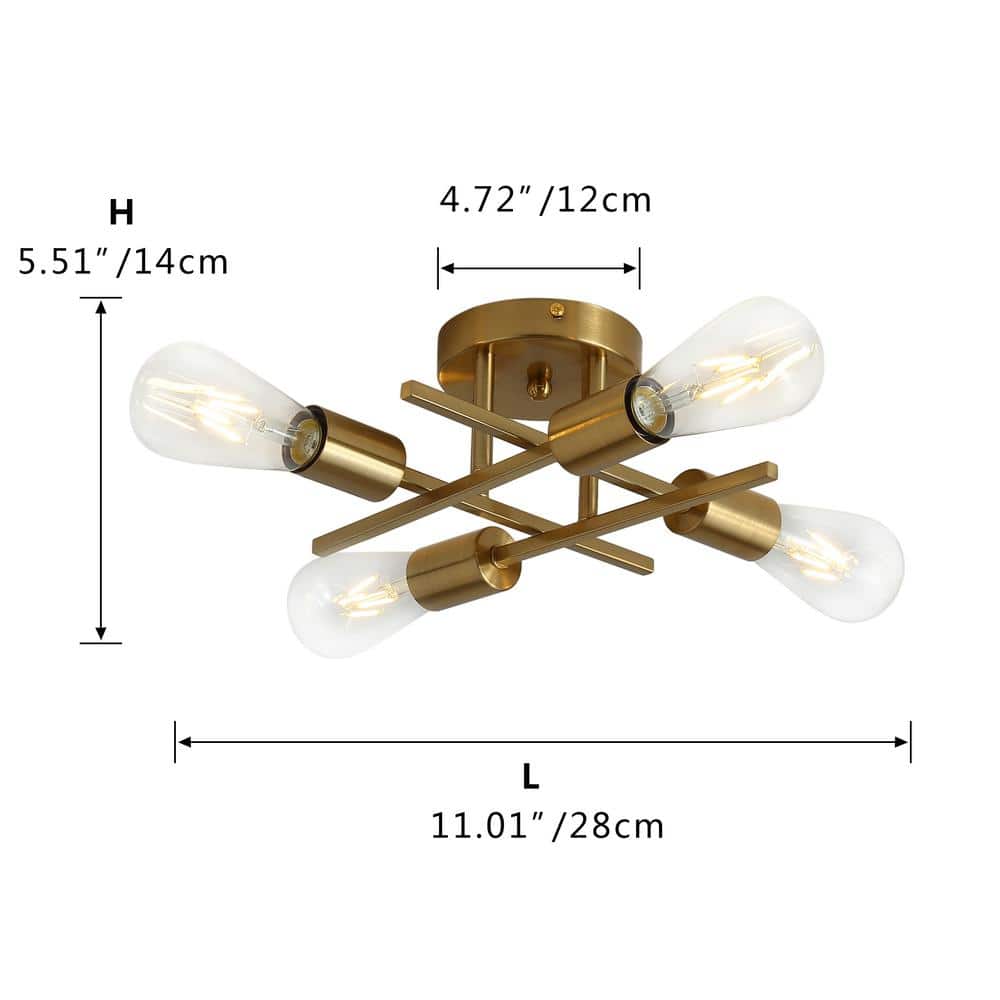 Modern 11 in. 4-Light Gold Sputnik Semi-Flush Mount Ceiling Lighting Fixture - $30