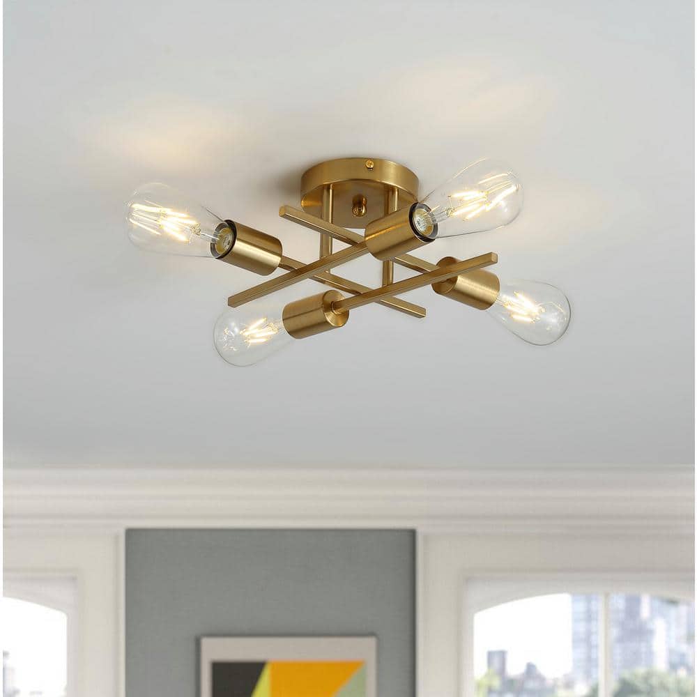 Modern 11 in. 4-Light Gold Sputnik Semi-Flush Mount Ceiling Lighting Fixture - $30