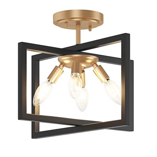 Modern 14.76 in. 4-Light Black and Gold Semi-Flush Mount Metal Ceiling Light - $35