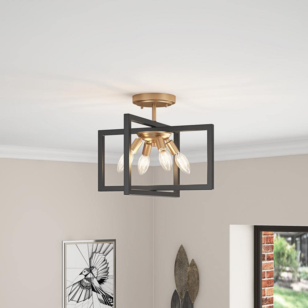 Modern 14.76 in. 4-Light Black and Gold Semi-Flush Mount Metal Ceiling Light - $35