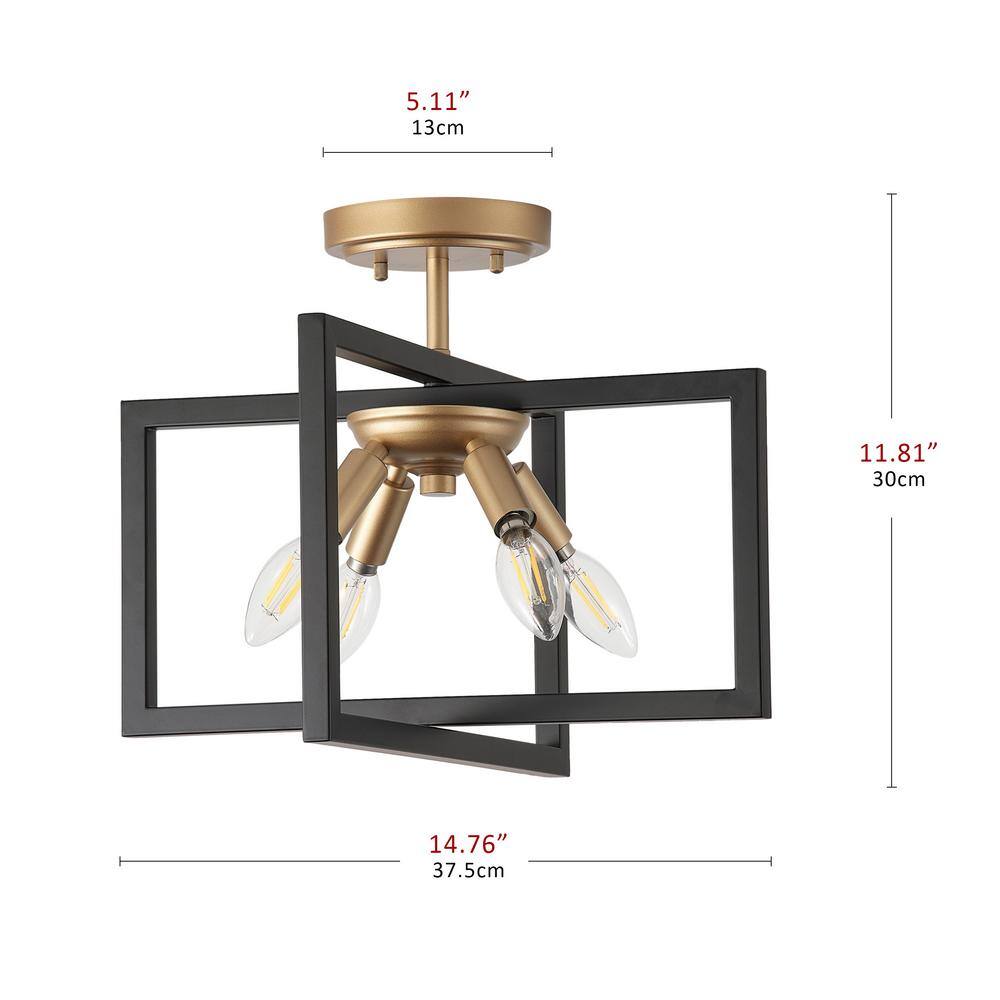 Modern 14.76 in. 4-Light Black and Gold Semi-Flush Mount Metal Ceiling Light - $35
