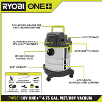 RYOBI ONE+ 18V Cordless 4.75 Gallon Wet/Dry Vacuum (Tool Only) - $75
