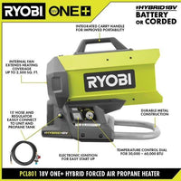 RYOBI ONE+ 18V Cordless Hybrid Forced Air Propane Heater (Tool Only) - $110