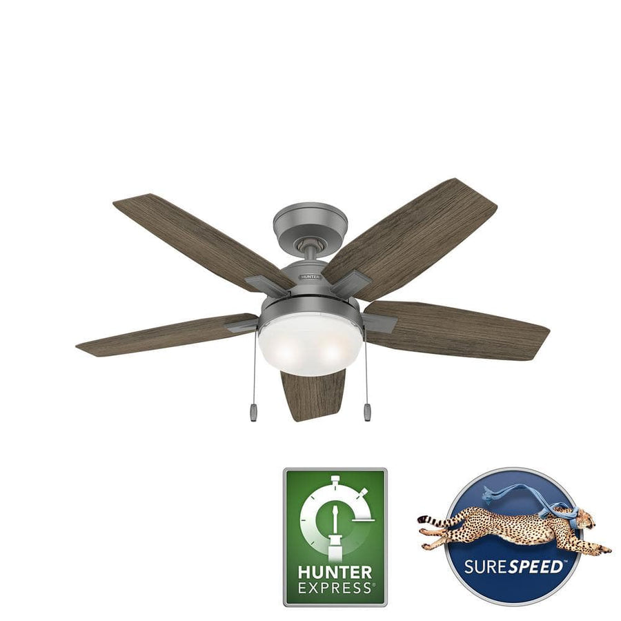 Hunter Antero 44 in. Hunter Express Indoor Matte Silver Ceiling Fan with Light Kit - $85
