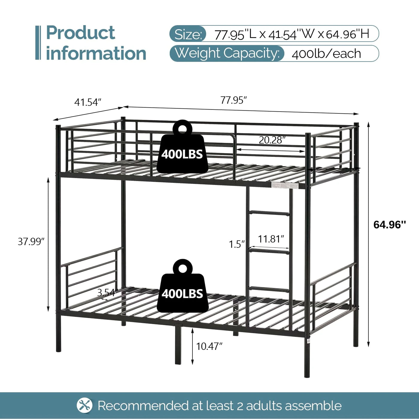 VINGLI Metal Bunk Bed Twin Over Twin Sturdy Frame with Safety Guard Rail - $110