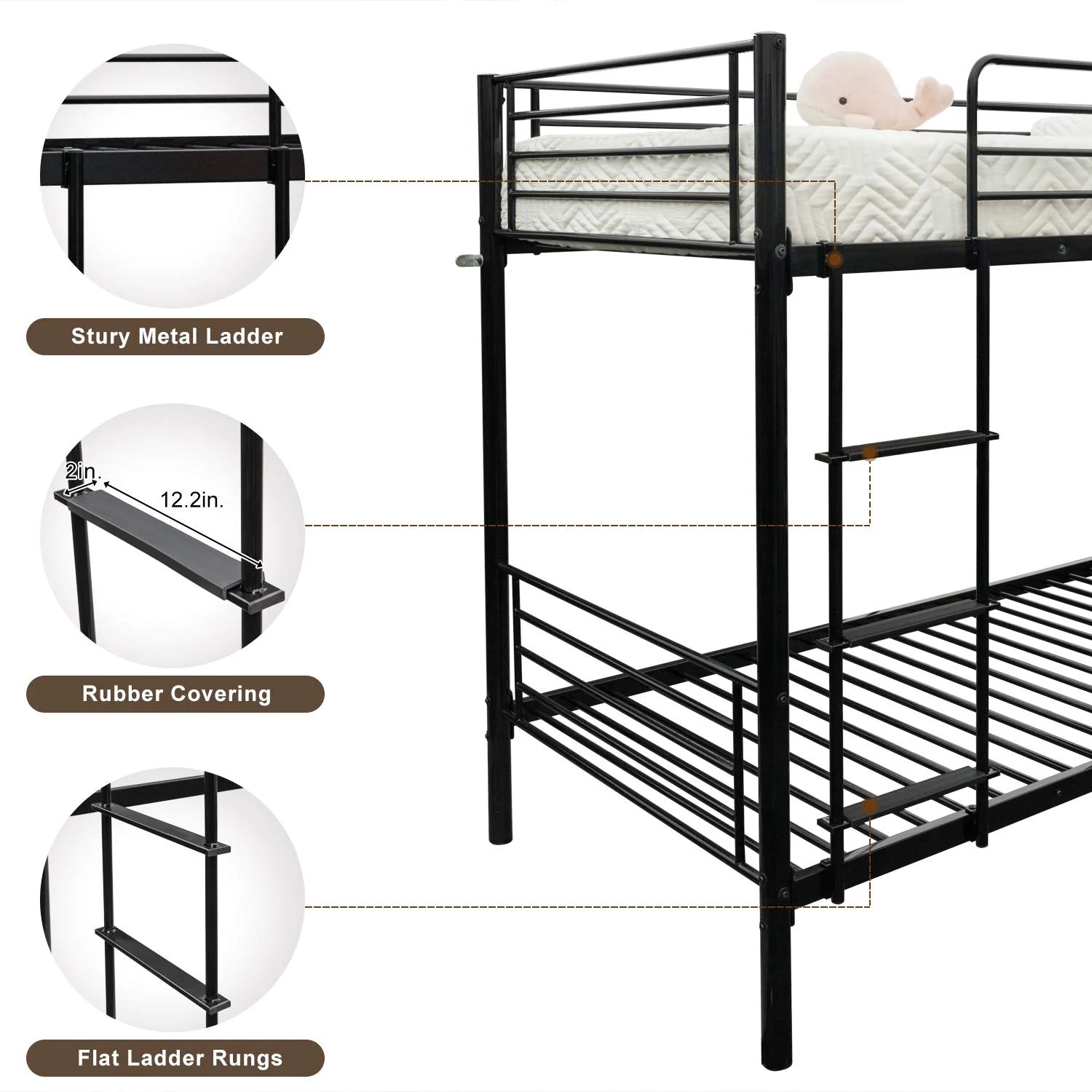 VINGLI Metal Bunk Bed Twin Over Twin Sturdy Frame with Safety Guard Rail - $110