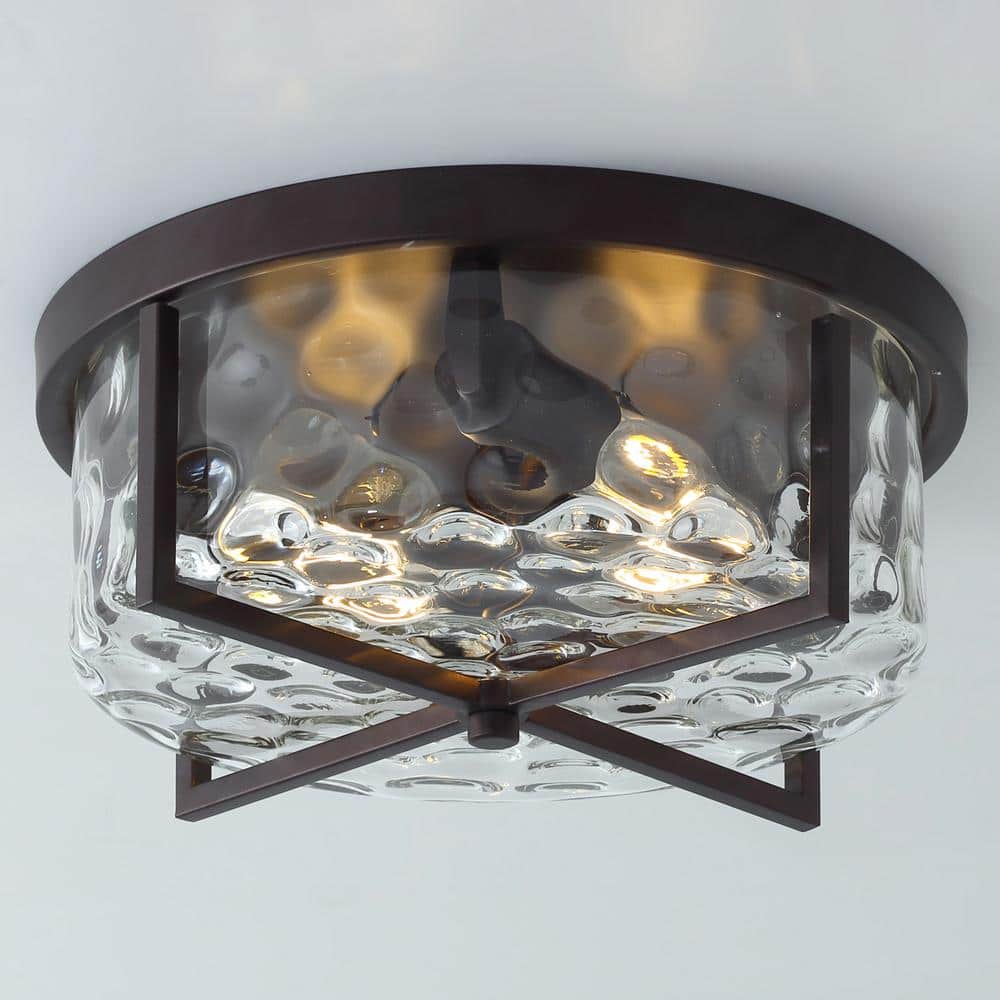 aiwen Industrial 11.8 in. 2-Light Drum Flush Mount with Water Ripple Glass Shade - $45