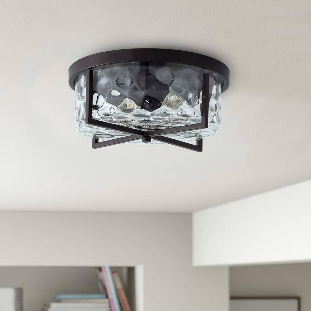 aiwen Industrial 11.8 in. 2-Light Drum Flush Mount with Water Ripple Glass Shade - $45