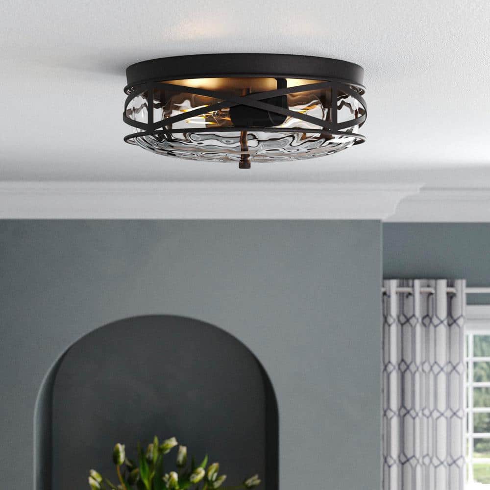 aiwen 11.4 in. 2-Light Farmhouse Flush Mount Ceiling Light Fixture with Glass Shade - $45