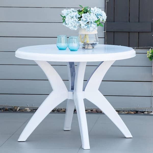 Plastic White Outdoor Bistro Table with Umbrella Hole for Garden Lawn Backyard - $50