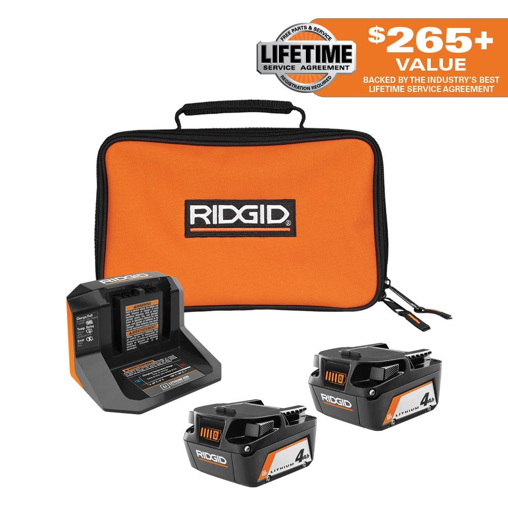 RIDGID 18V Lithium-Ion (2) 4.0 Ah Battery Starter Kit with Charger and Bag - $165