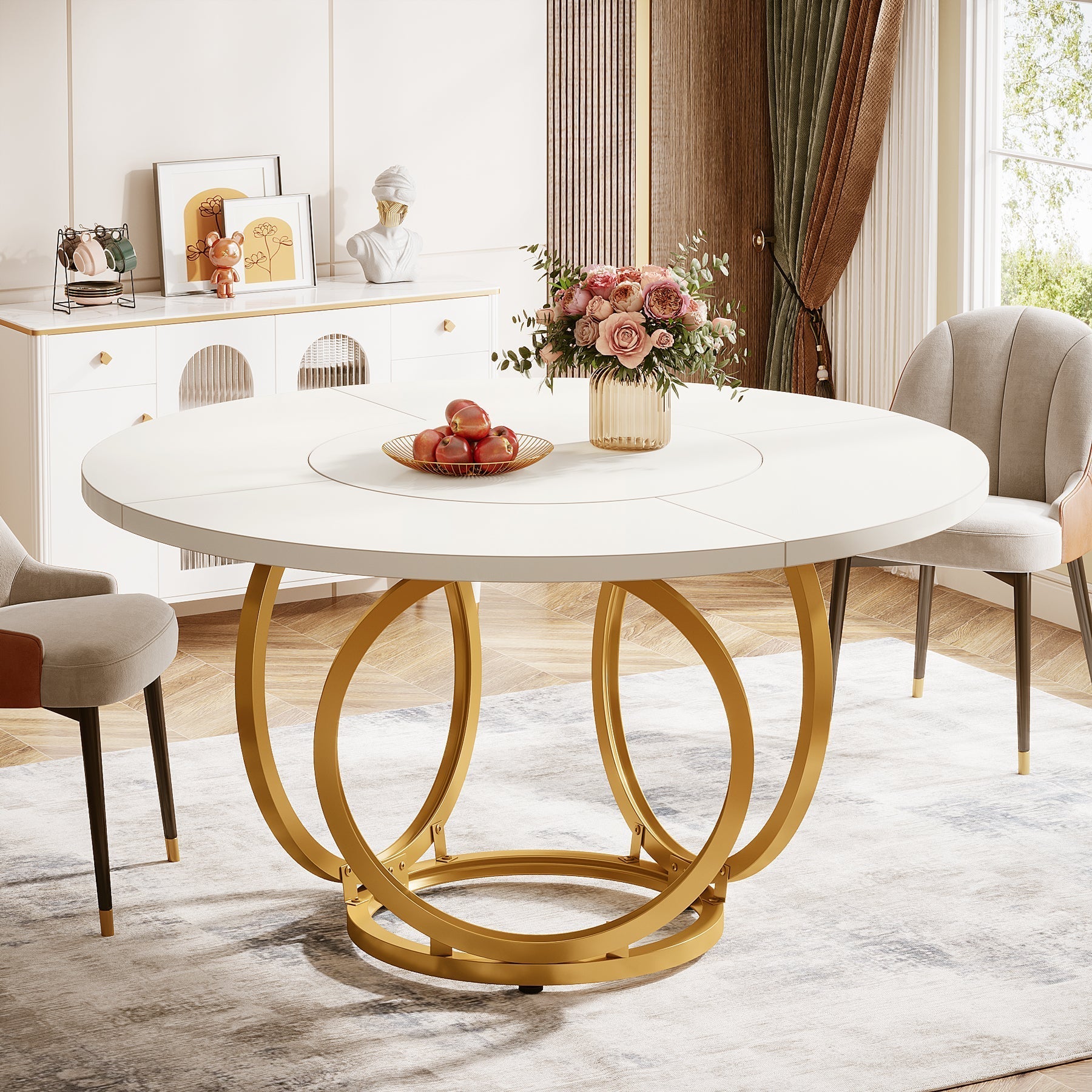 Round Dining Table for 4, Modern 47" Kitchen Table with Metal Base - $125