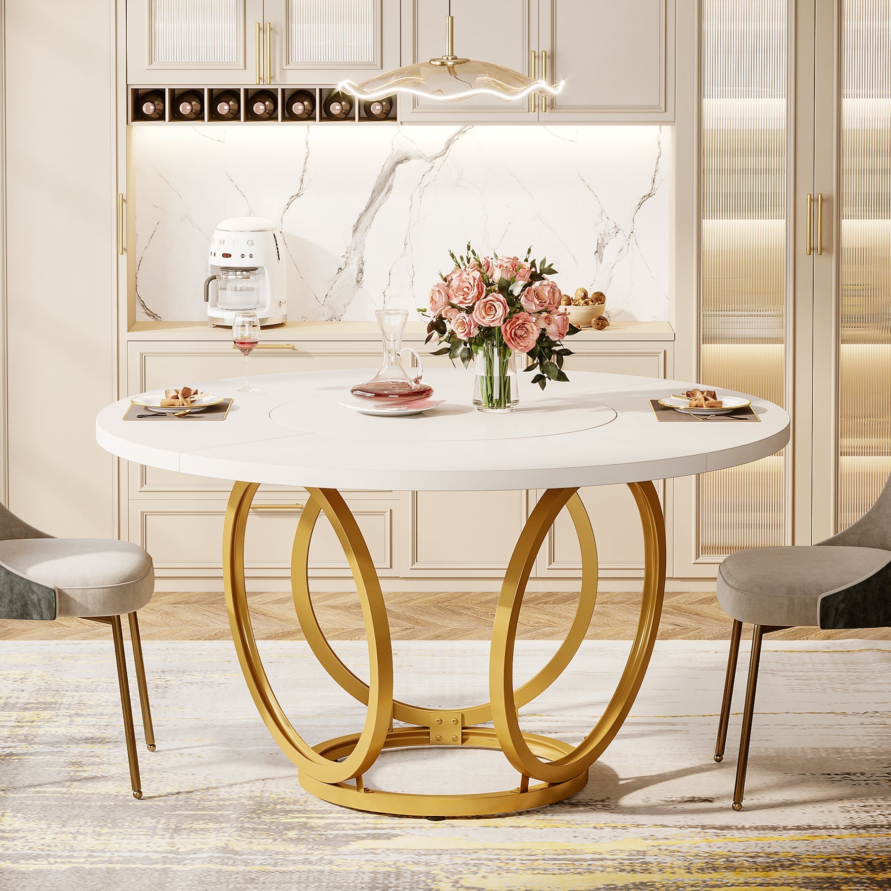 Round Dining Table for 4, Modern 47" Kitchen Table with Metal Base - $125