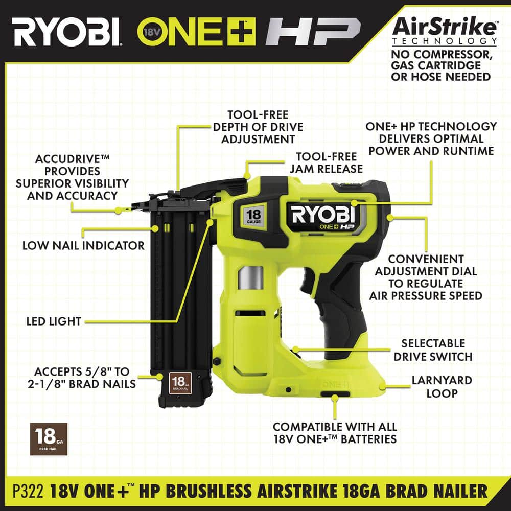 18V ONE+ AirStrike 18GA Brad Nailer - RYOBI Tools