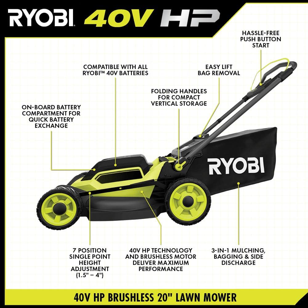 RYOBI 40V HP Brushless 20 in. Cordless Battery Walk Behind Push Mower - $230