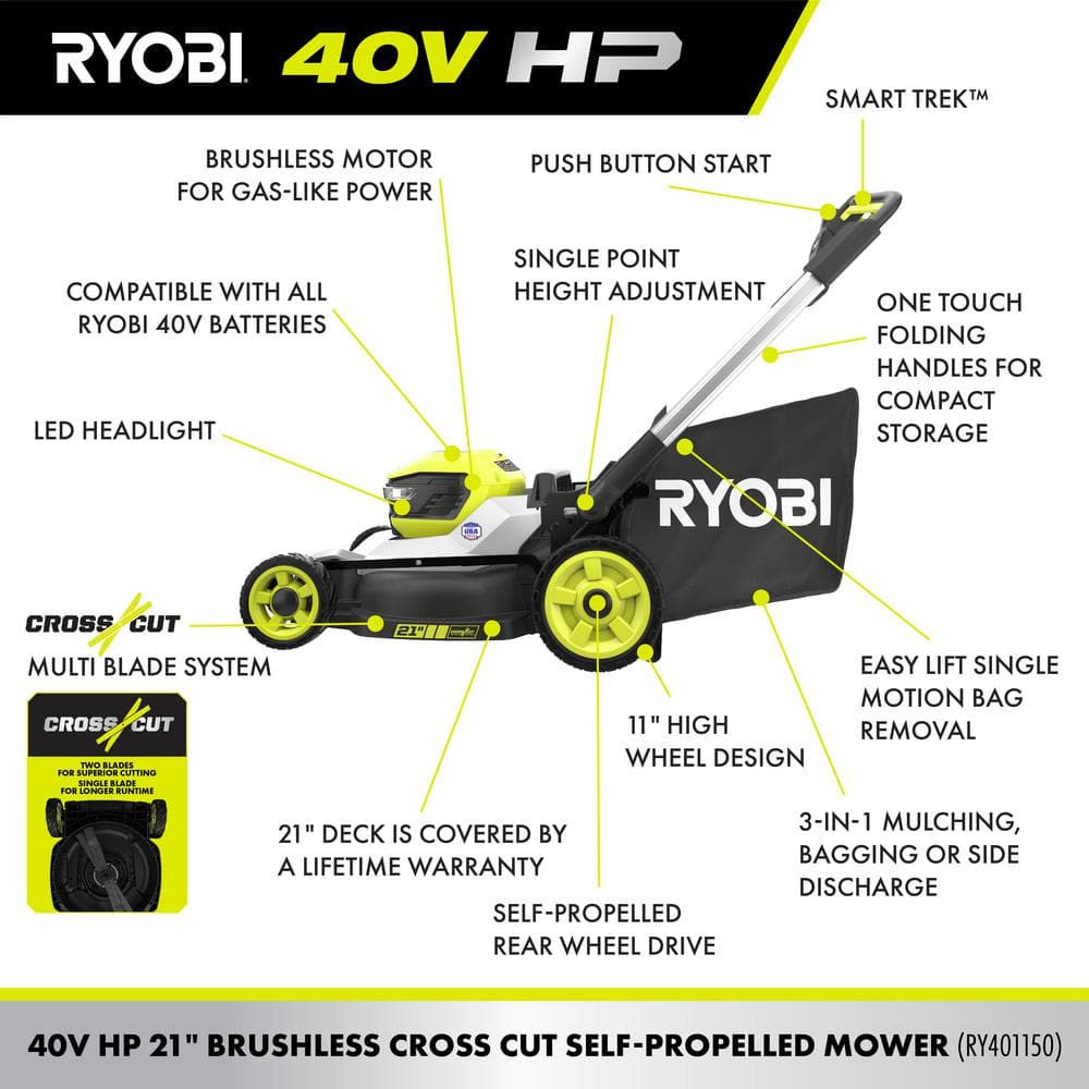 Ryobi 40V HP Brushless 21 in. Cordless Multi-Blade Self-Propelled Mower - $489