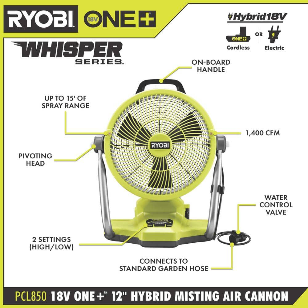 RYOBI ONE+ 18V Cordless Hybrid WHISPER SERIES 12 in. Misting Air Cannon Fan Kit - $130