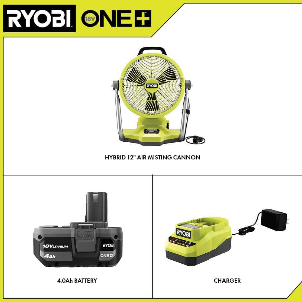 RYOBI ONE+ 18V Cordless Hybrid WHISPER SERIES 12 in. Misting Air Cannon Fan Kit - $130