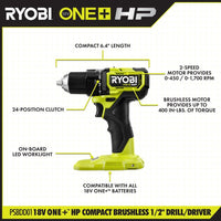 RYOBI ONE+ HP 18V Brushless Cordless Compact 1/2 in. Drill/Driver Kit - $65