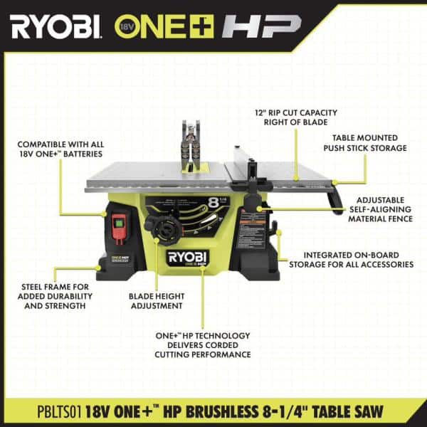 RYOBI ONE+ HP 18V Brushless Cordless 8-1/4in. Compact Portable Jobsite Table Saw Kit- $280