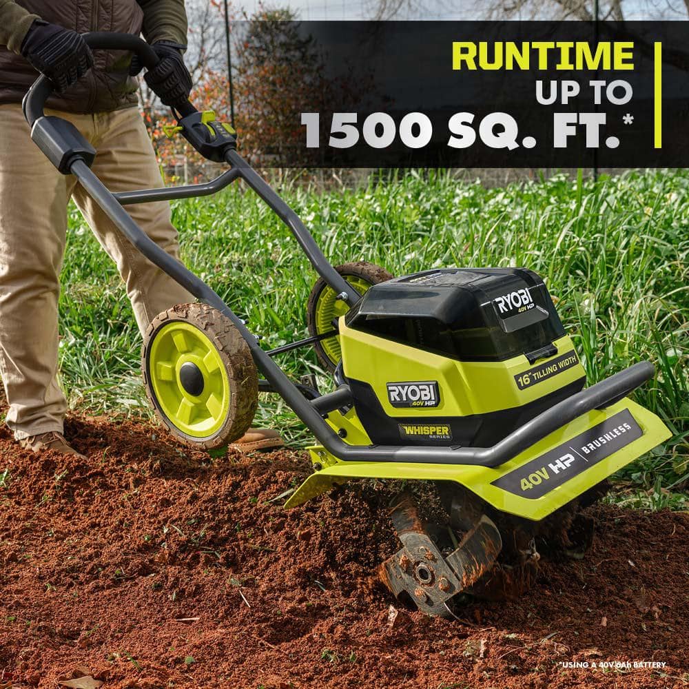 RYOBI 40V HP Brushless 16 in. Front Tine Tiller with Adjustable Tilling Width - $360